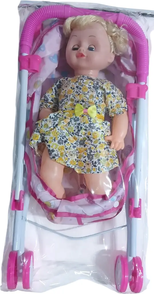 Poupée avec poussette métallique