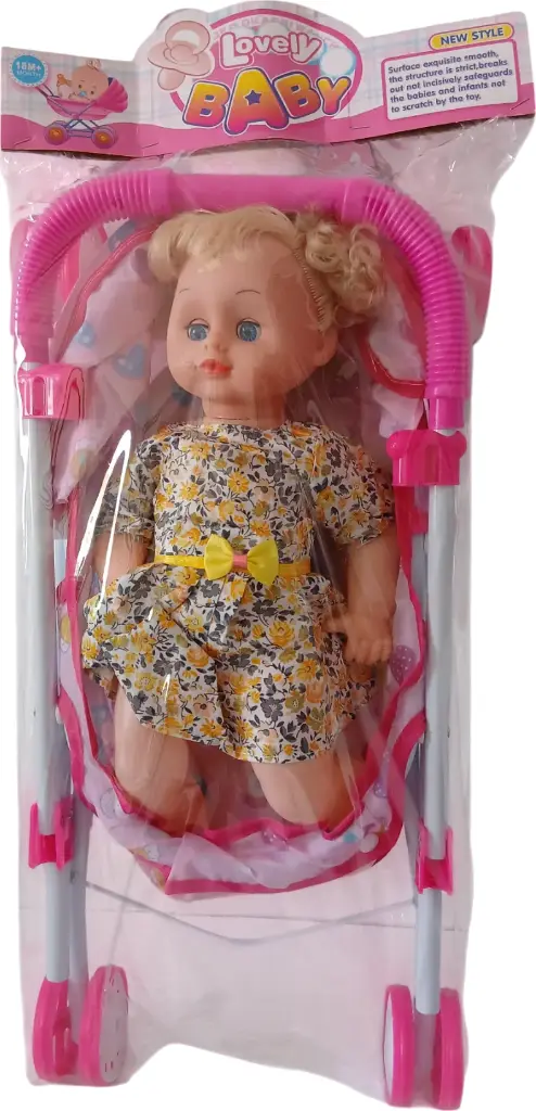 Poupée avec poussette métallique