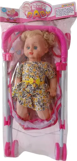 Poupée avec poussette métallique