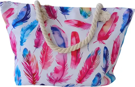 Sac de plage épaulière corde souple (Plumes roses et bleus)