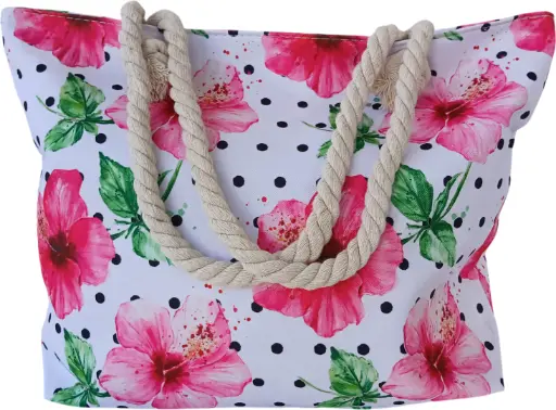 Sac de plage épaulière corde souple (Roses et pointillés)