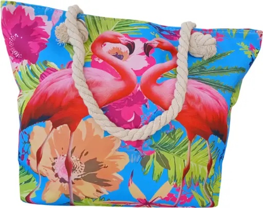 Sac de plage épaulière corde souple (Flamant aimant - Bleu)
