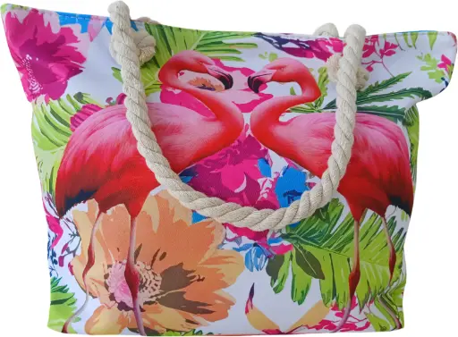 Sac de plage épaulière corde souple (Flamant aimant - Blanc)