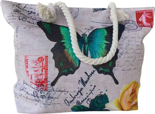 Sac de plage épaulière corde souple (Arrière paille - papillon vert)