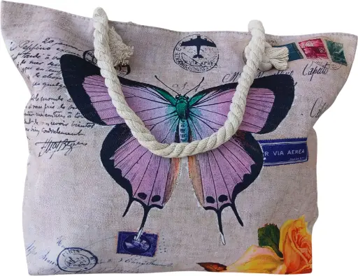 Sac de plage épaulière corde souple (Arrière paille - papillon violet)