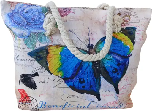 Sac de plage épaulière corde souple (Arrière paille - papillon bleu)