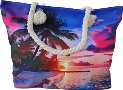 Sac de plage épaulière corde souple (Couché de soleil, plage, palmier)